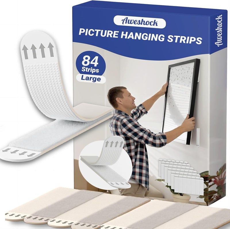 Aweshock Picture Hanging Strips , Poster Hanging Strips, 42 Pairs(84 Strips) Wall Strips Sticky Tack ,Damage Free Picture Hangers Without Nails Strips with Adhesive - Image 1